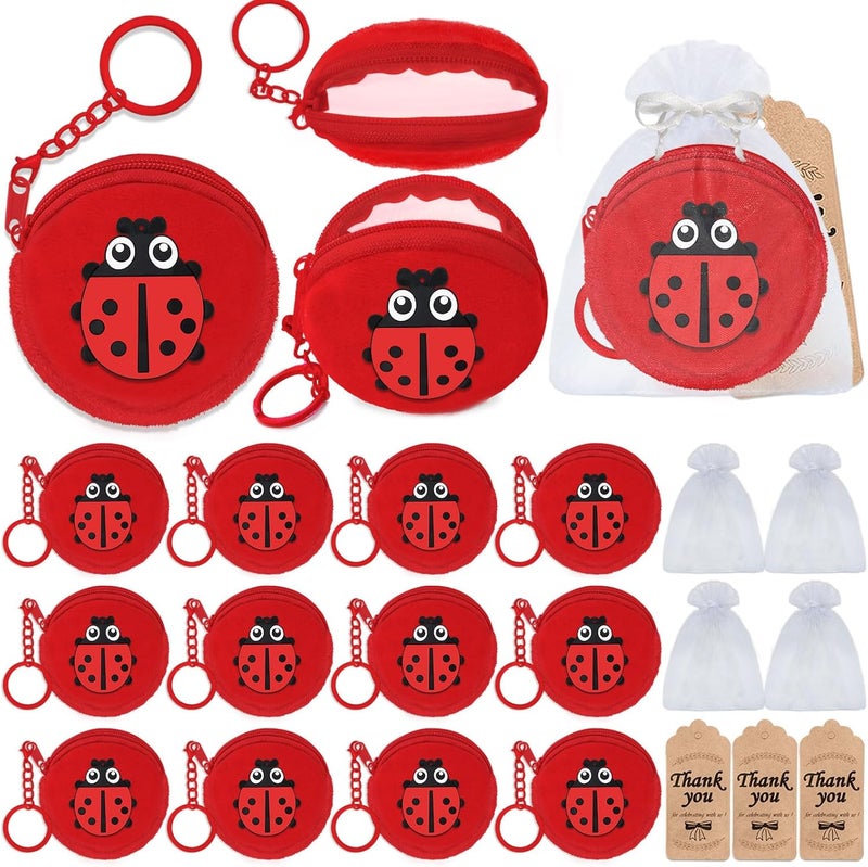 Elecrainbow 36 Pack Ladybug Change Purses Set Include 12 Ladybug Wallets with Keyrings, 12 Thank You Tags and 12 Organza Bags for Ladybug 1st Birthday Baby Shower Birthday Party Decoration,Red - Image 1